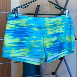 Spandex Athletic Shorts. Blue-Green-Yellow